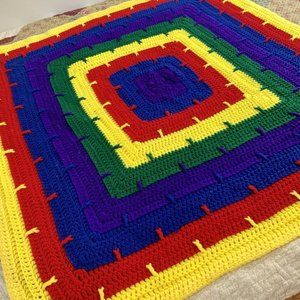 Rainbow Primary Color Square Afghan Quilt Blanket Throw Decor Baby Nursery 38”